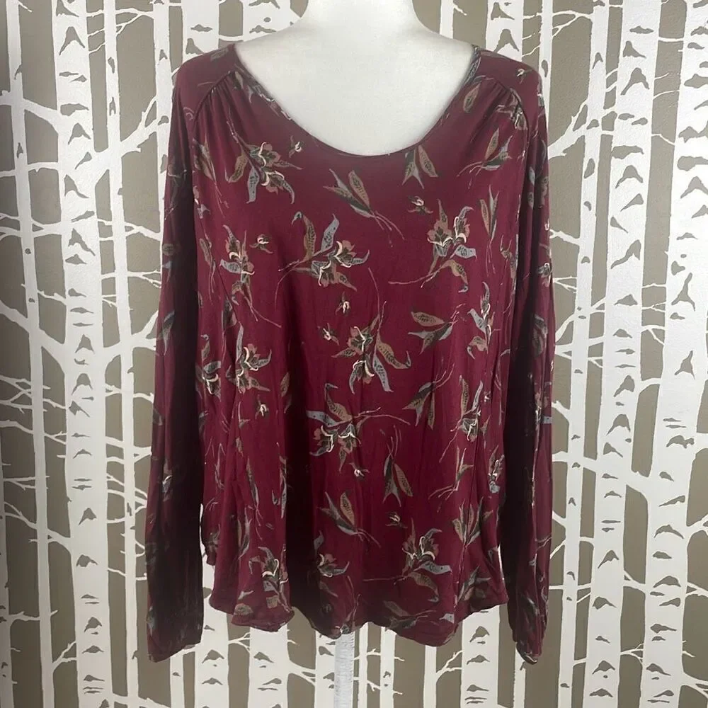 Free People Burgundy Floral Print Open Draped Back Long Sleeve Top S